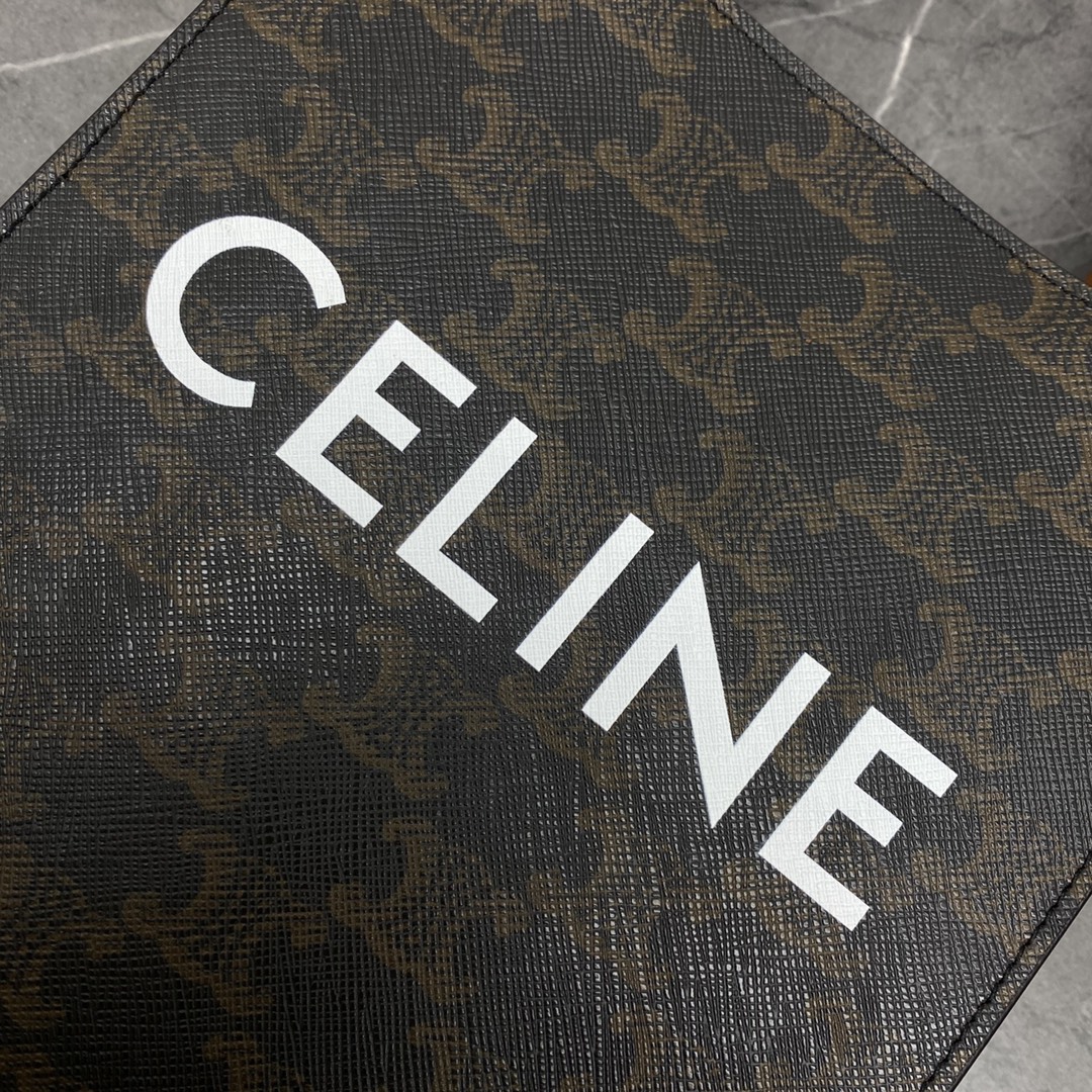 Celine Mini Vertical Cabas In Triomphe Canvas And Calfskin With Celine Print Tan 193302